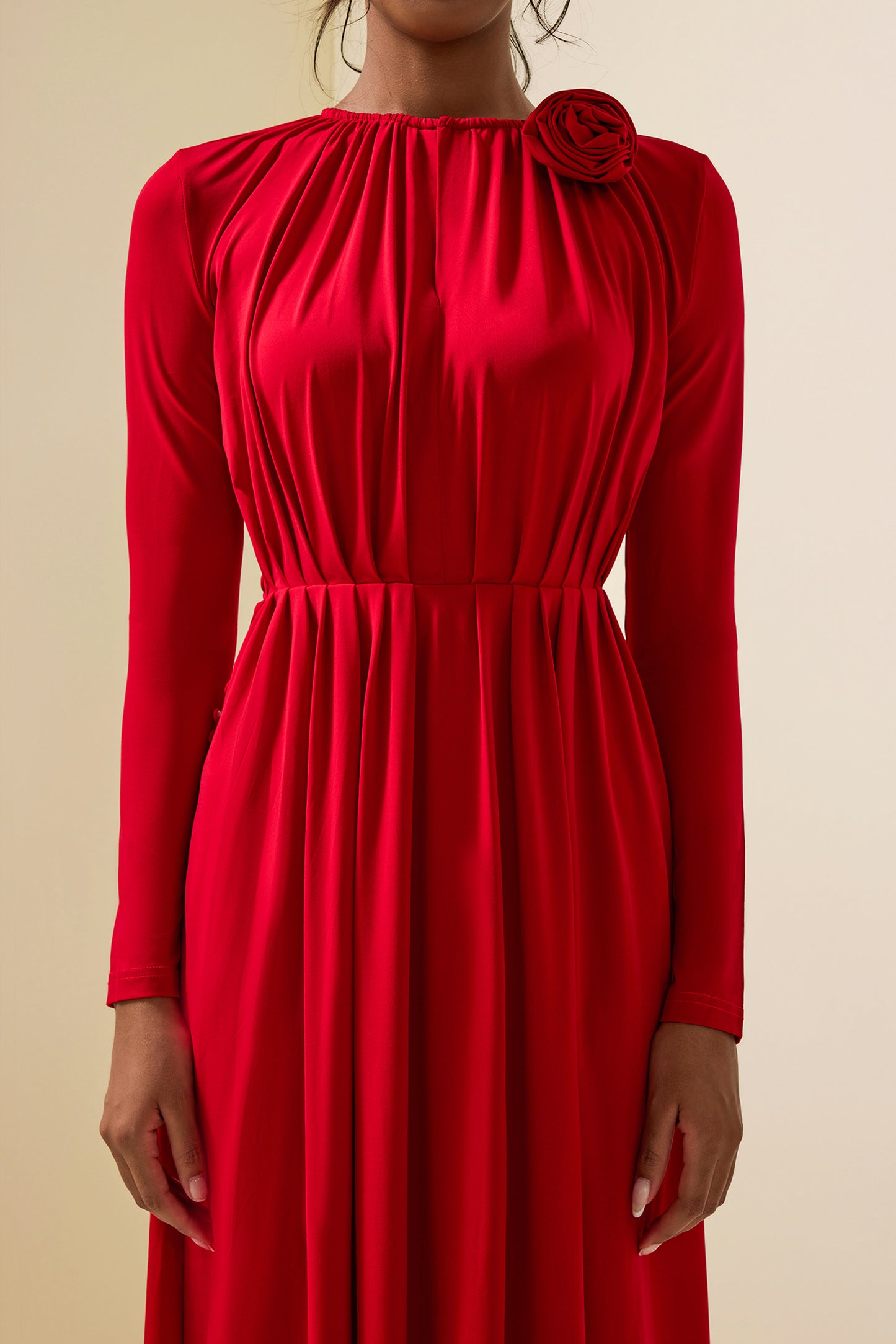 3D Floral Jersey Solid Bottom Midi Dress