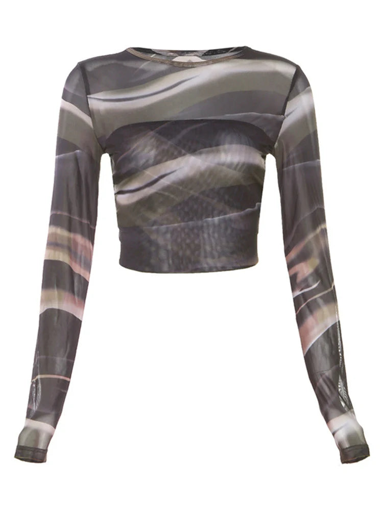 2025 Summer New Women Clothing Fashion Print Mesh Tops Sexy Backless Long Sleeve Casual Tees Slim Short Umbilical Cord T-shirts