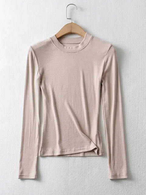 2025 Women Clothing Cotton Kintted Tops Casual Slim Elastic O-neck Full-sleeve T-shirt