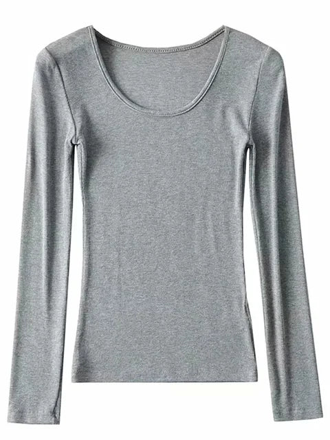 2025 Women Clothing Tops Fit Casual Elastic Cotton Solid O-neck full sleeve T-shirt