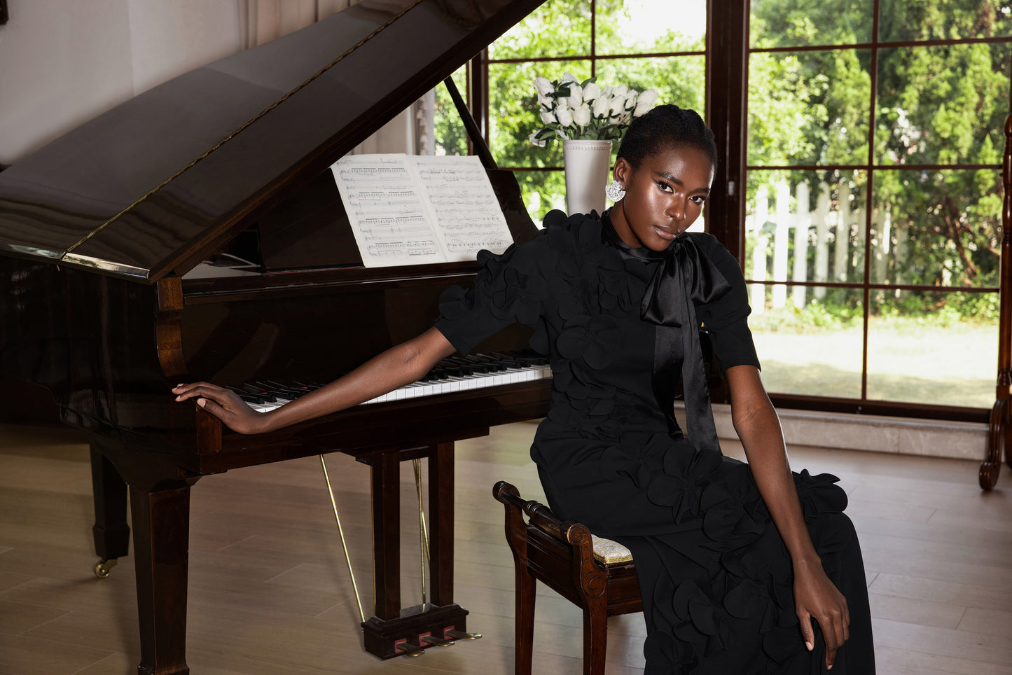 3D Flower Lace Up Mid Sleeve Maxi Dress