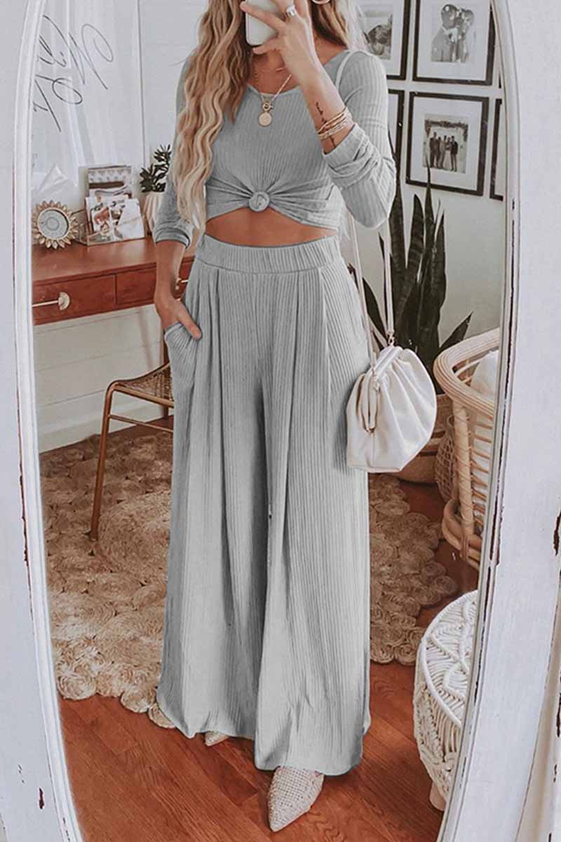 Two-Piece Round Neck Solid Color Long Sleeves Wide Legs(4 Colors)