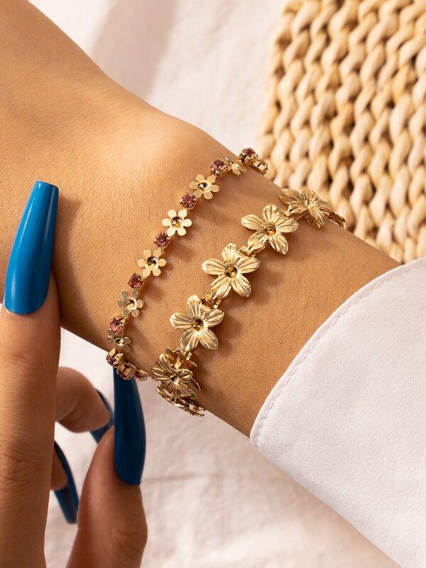 2pcs Rhinestone Flower Decor Bracelet for Women