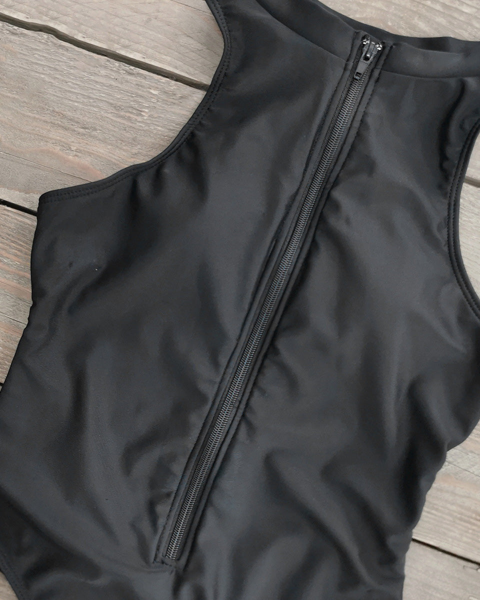 Solid Color Zipper Sleeveless Surfing One-Piece Swimsuit