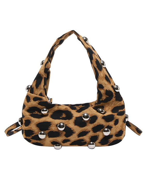 Leopard Print Retro Punk Style Studded Shoulder Bag