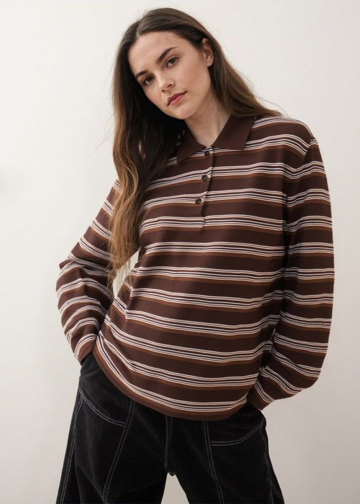 Striped Cotton Polo Long Sleeve Top - Casual Loose Fit