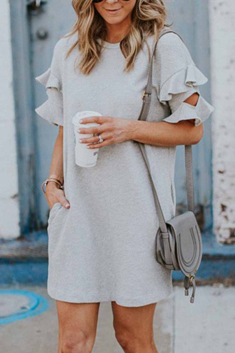 Solid Color O-neck Ruffle Mini Dress