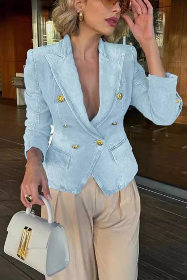 Casual Gold Tone Button Double Breasted Lapel Collar Tailored Denim Blazer