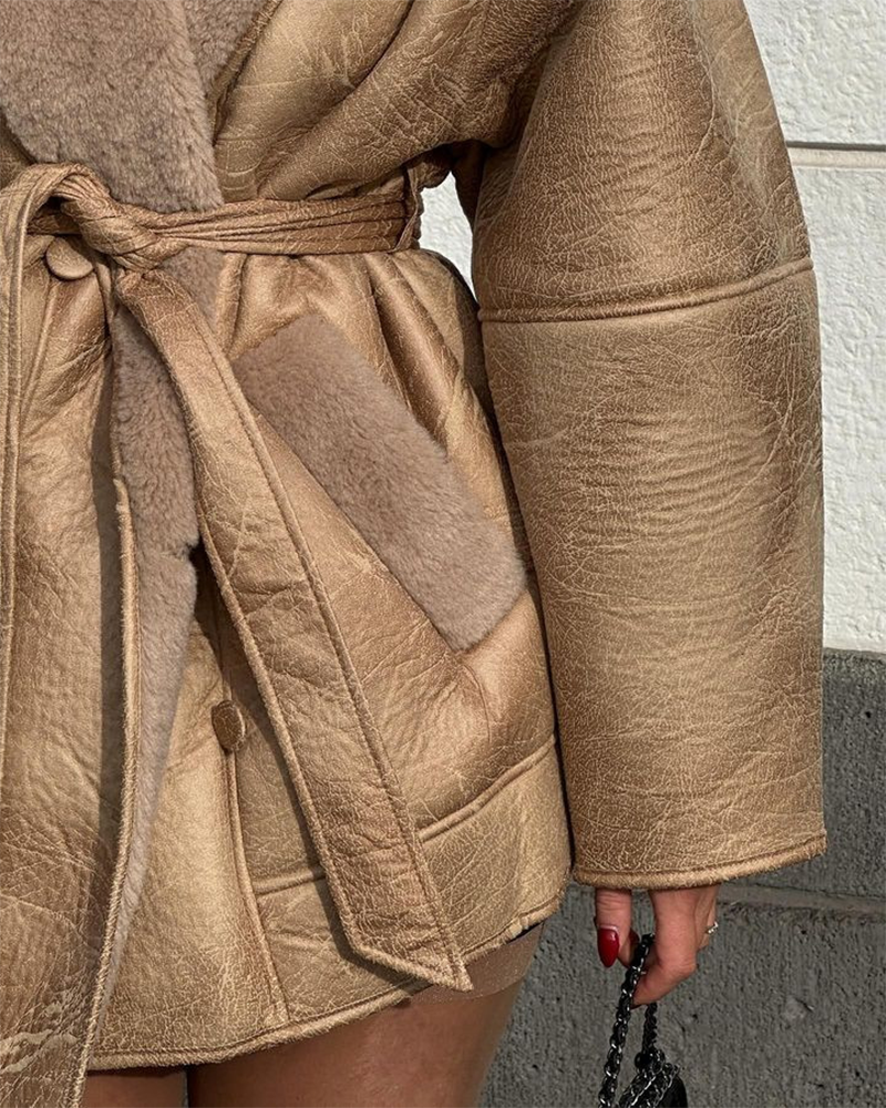 Cashmere Leather Wool Collar Composite Coat