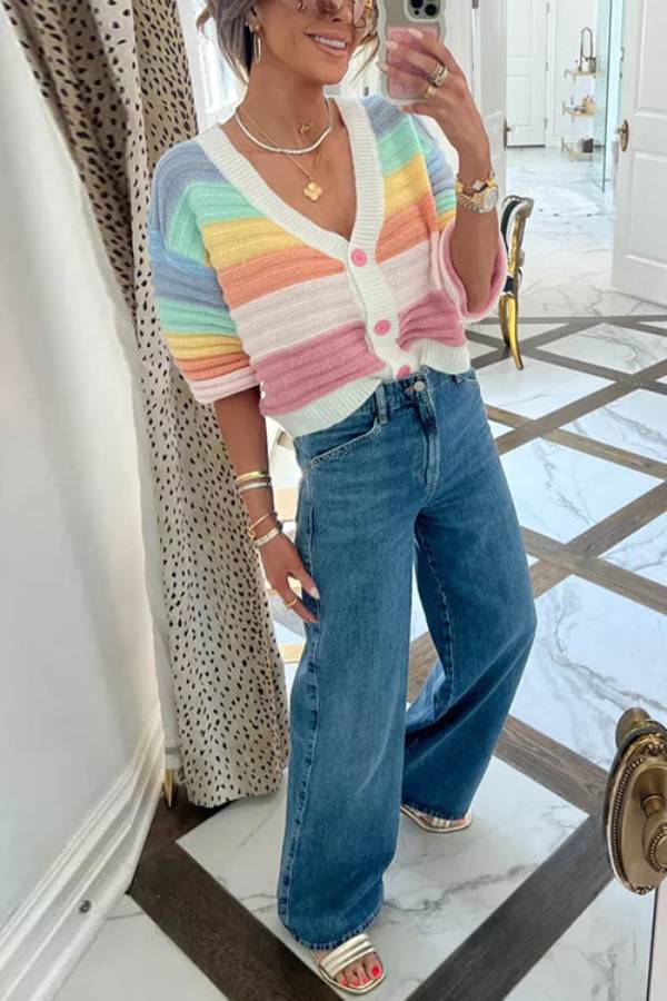 V Neck Button Up Striped Ribbed Knit Sweater