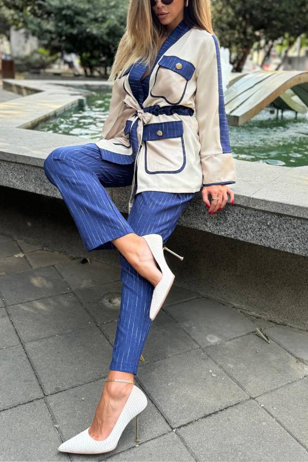 Halston Patchwork Drawstring Flap Pocket Top and Striped Elastic Waist Loose Pants Set