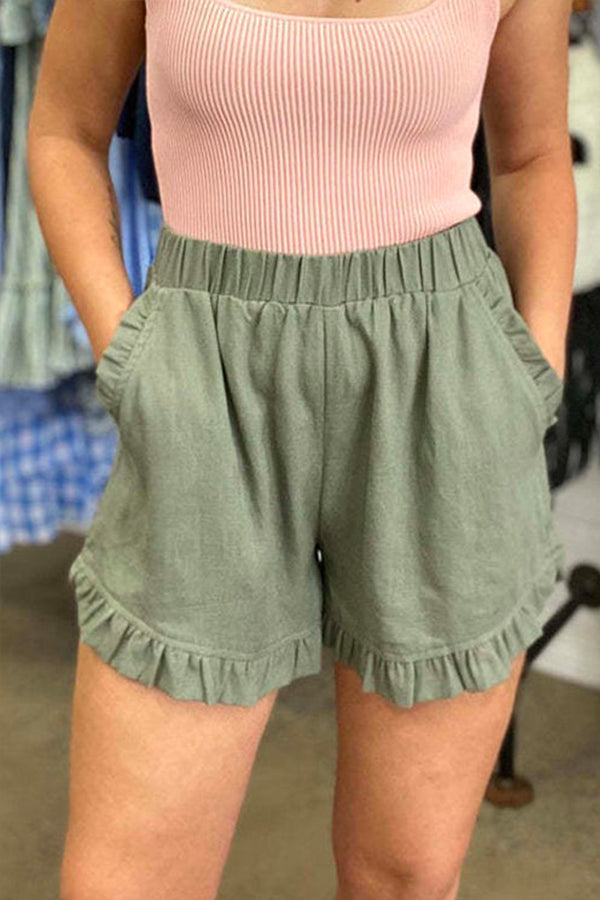 Elastic Waist Wide Leg Ruffle Cotton Linen Shorts