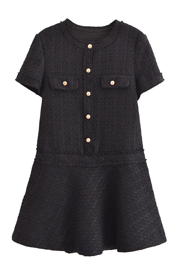 Vestido mini de tweed con textura de London Girl, manga corta, botones dorados y bolsillos, años 60