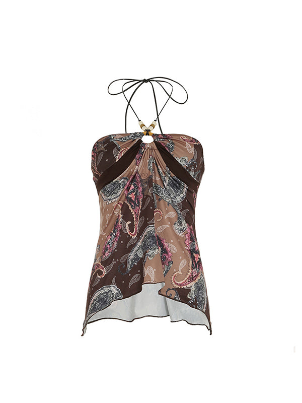 Brown Vintage Floral Print Halter Vest