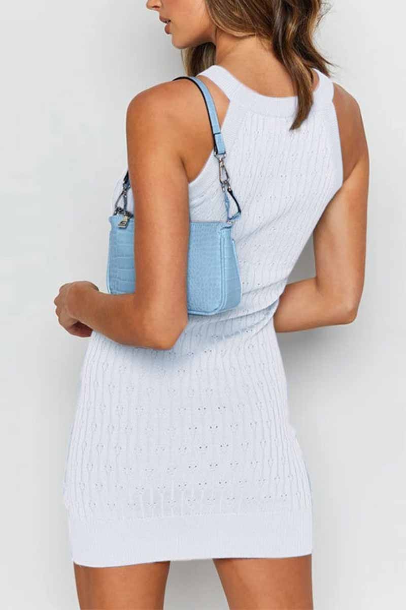 Solid Color Sleeveless Striped Knitted Bag Hip Mini Dress
