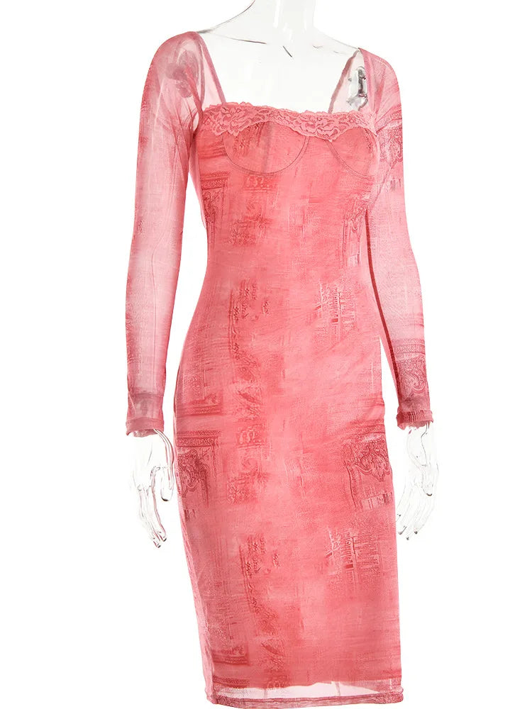 -Long Sleeve Printed Dress for Women, Bodycon Lace Midi Dress, Elegant Party Evening Dress, Square Neck, Autumn,