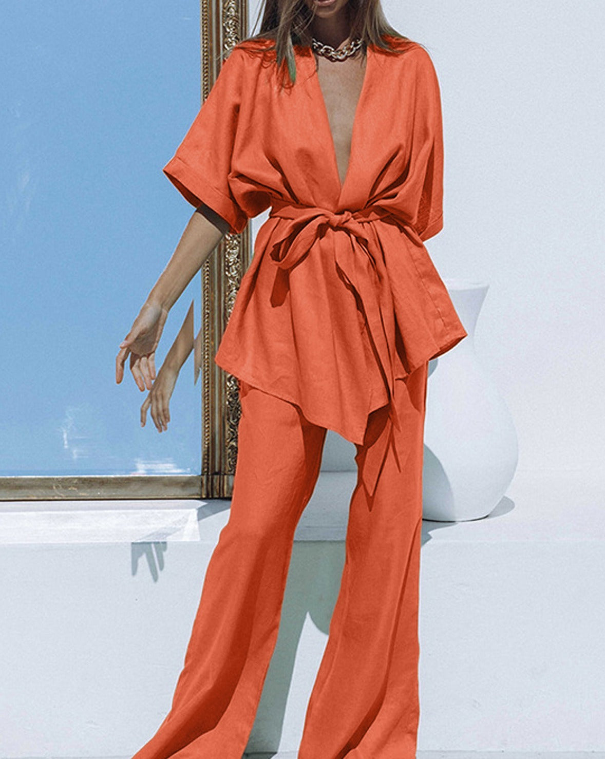 Oversized Linen Tied Two Piece Pants Set