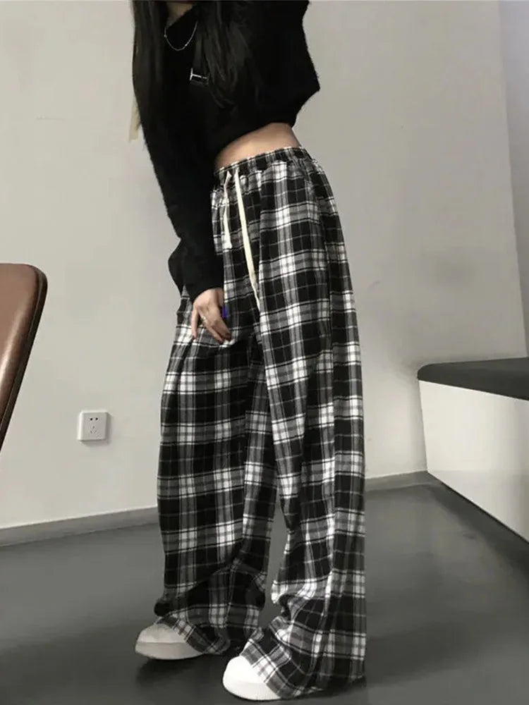 Black and White Plaid pants New Women Casual Loose Wide Leg Trousers Ins Retro Teen Straight Trousers Hiphop Streetwear