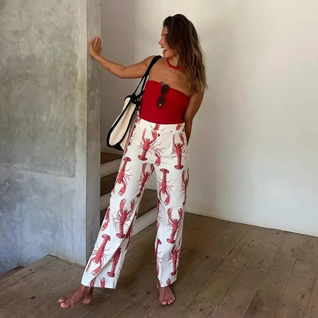 Cartoon Cray Printing Long Pants Set For Women 2025 Summer Short Sleeve Shirt High Waist Wide Leg Pant 2 Piece Sets Lady Outfits