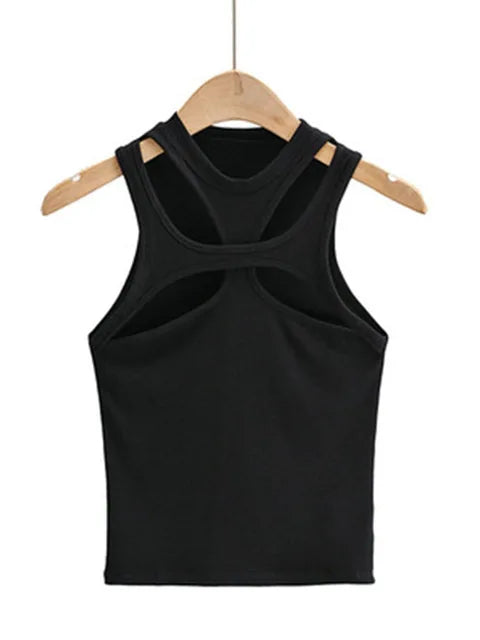 Girls New Asymmetrical Hollow Solid Color Knitted Round Neck Short-sleeved Summer Sexy Vest on The Chest