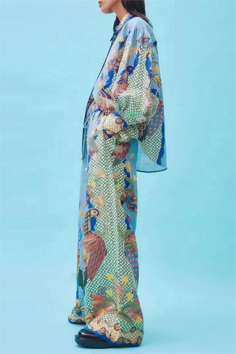 Conjunto de pantalones con solapa y hebilla con mangas farol estilo bohemio