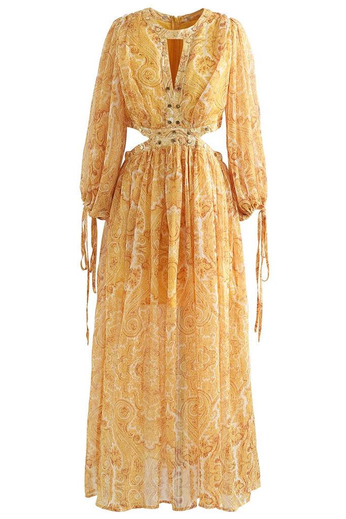 Abstract Print Long Sleeve Cut-Out Midi Dress