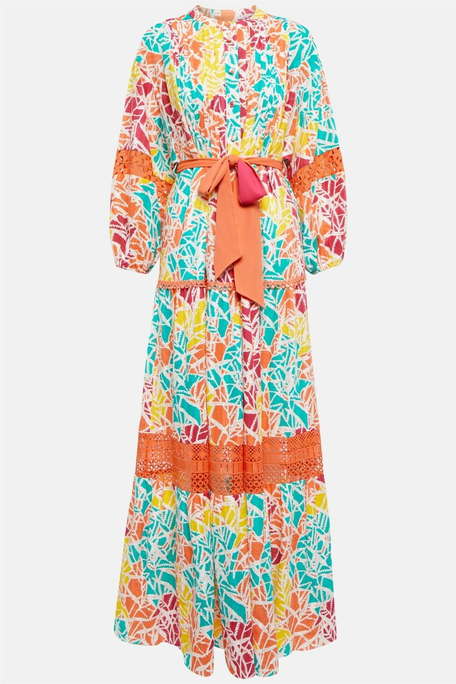 Abstract Print Lace Pleated Midi Dress With Belt