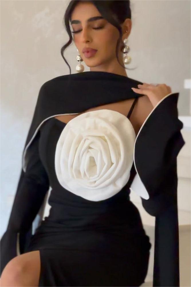 3D Flower Contrast Color Midi Dress With Cape