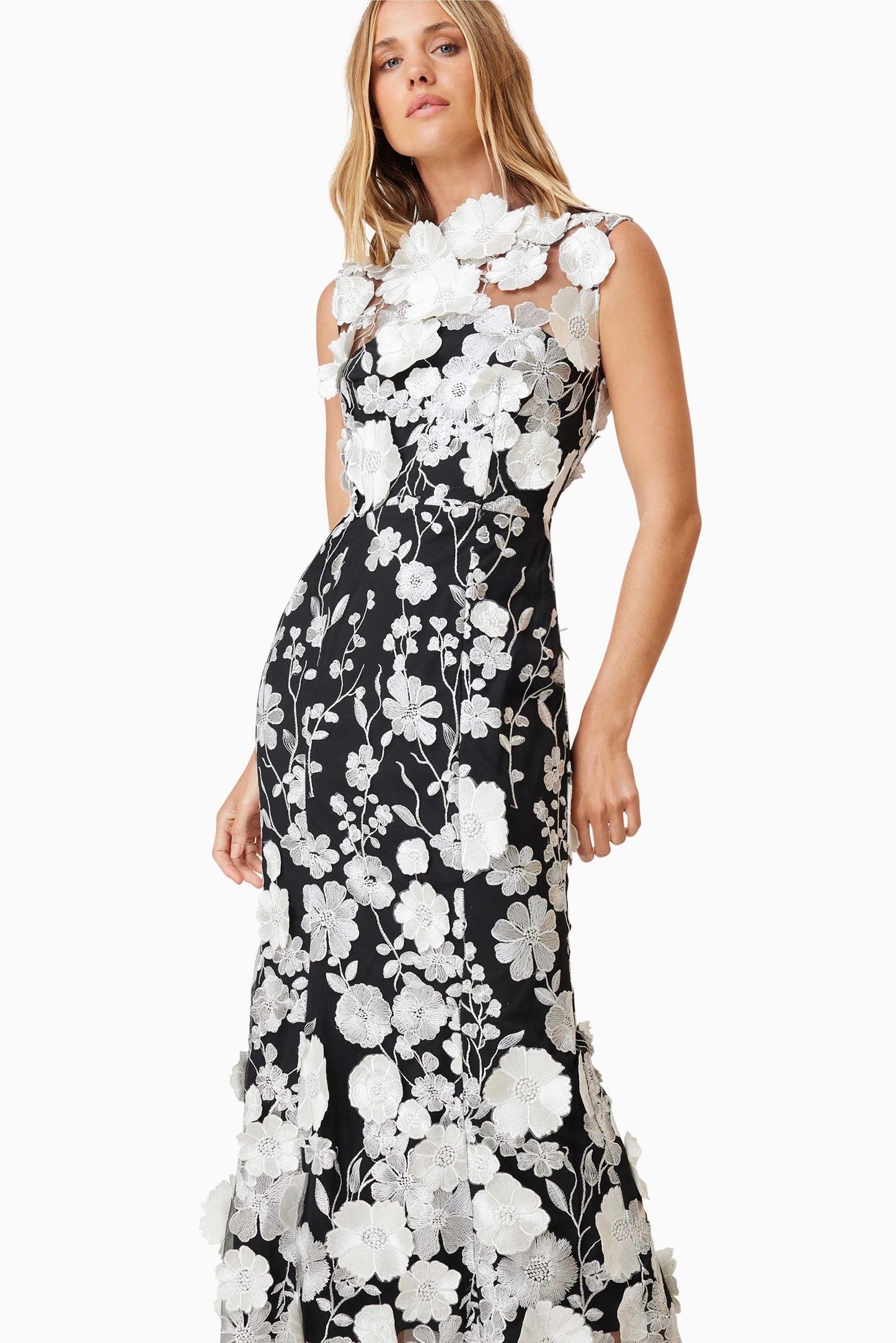 3D Flower Round Neck Sleeveless Midi Dress