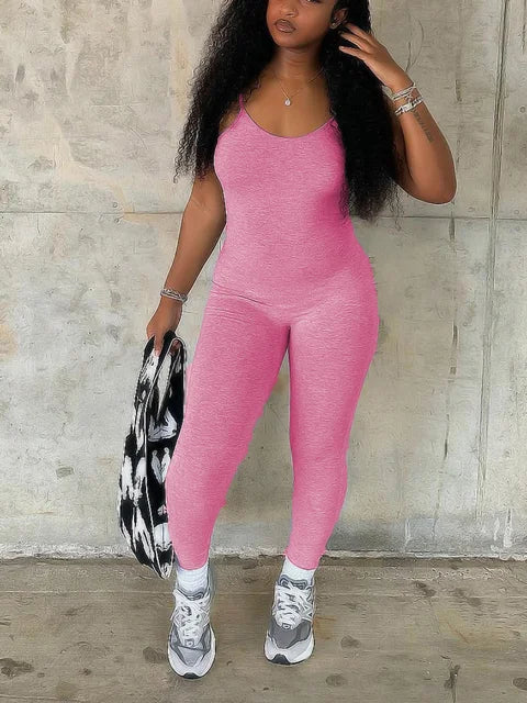 Mono ajustado con tirantes finos, escote en U, sin mangas, liso, ajustado, moldeador, elástico, sencillo, mono largo para mujer.