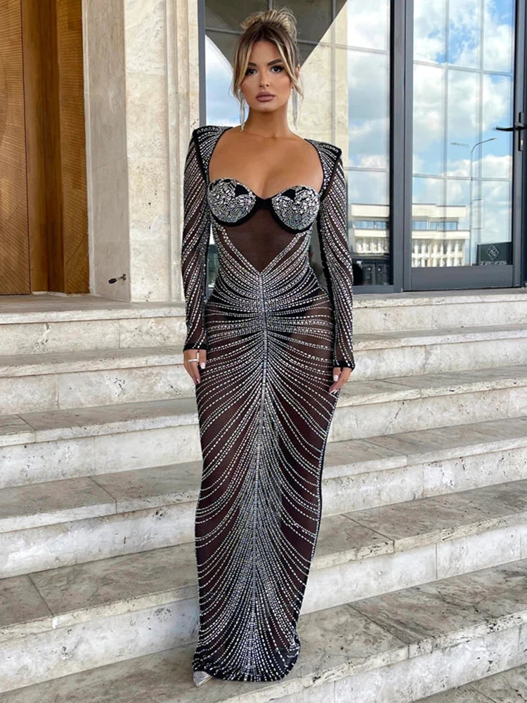 Glitter Mesh See Through Party Maxi Dress For Women Fashion Full Sleeve Bodycon Sexy Club Long Evening Dress Vestido