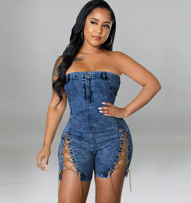 Women Clothing Spring Wear Copper Chain Sexy off-the-Shoulder Denim Dress Romper