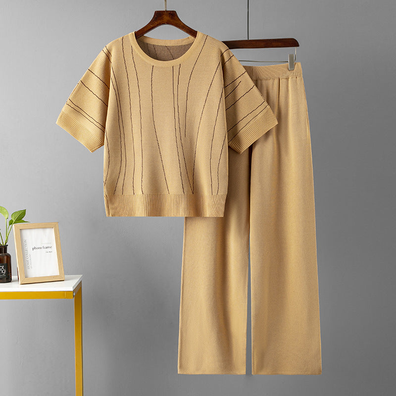 Conjunto informal holgado de dos piezas para mujer, con mangas murciélago, pantalones anchos a rayas de verano