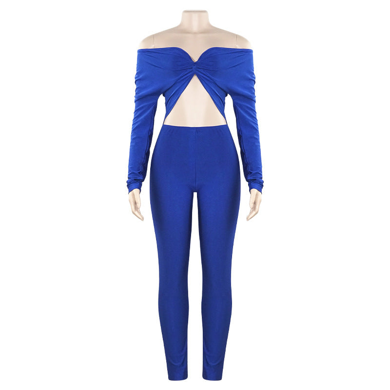 Autumn Solid Color V Neck Twist Hollow Out Cutout Cropped Sexy High Waist Long Sleeve Jumpsuit