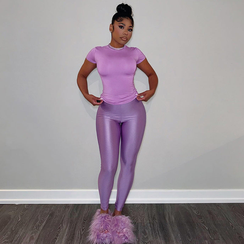 Ropa de otoño para mujer, cuello redondo, manga corta, cintura alta, pantalones adelgazantes, traje informal