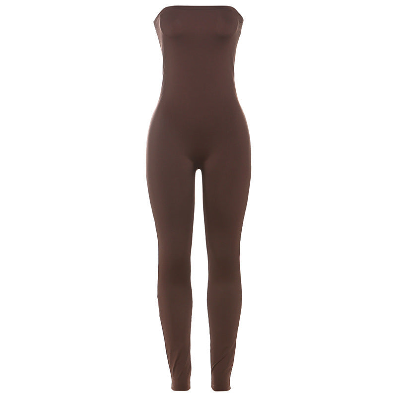 Mono deportivo ajustado sexy de otoño e invierno con parte superior de tubo sin espalda y ajustado de color sólido