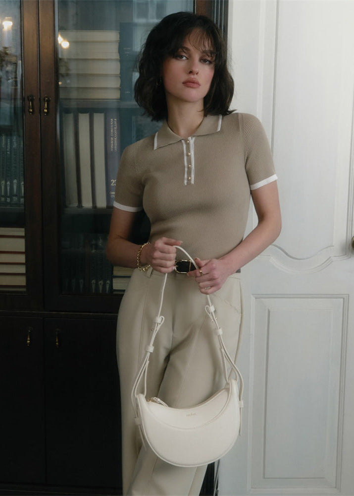 Vienna Line - Ribbed Knit Polo Top with Contrast Trim