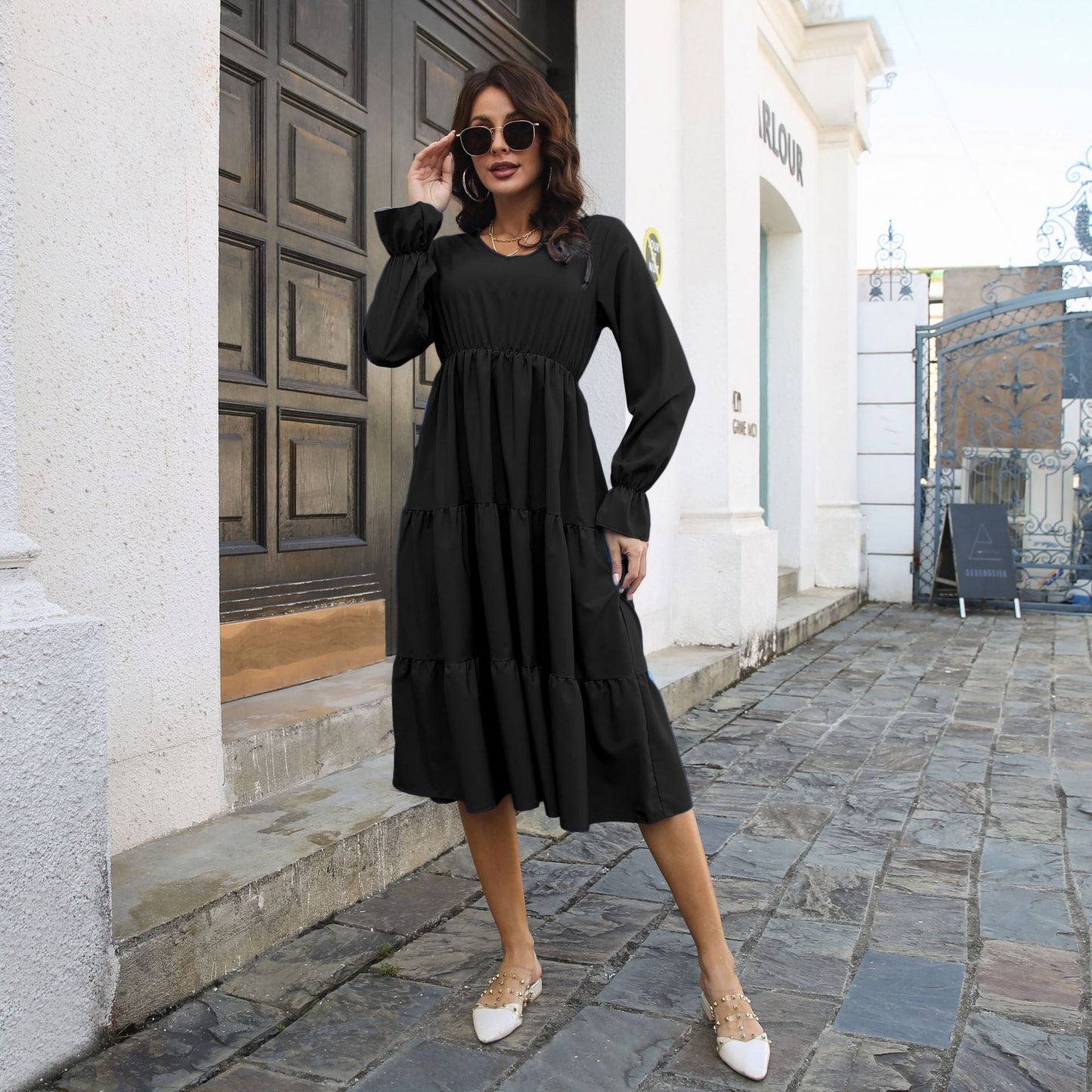 V neck Dress Flared Sleeves Long Sleeves Large Swing Dress Women Chiffon Summer Women Clothing