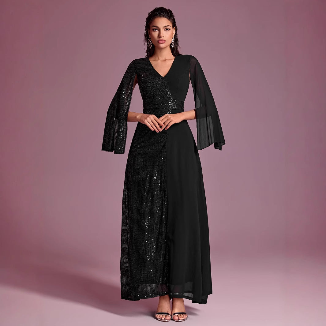 Women Prom Evening Dress Sequin Stitching V neck Split Long Sleeve Party Evening Dress