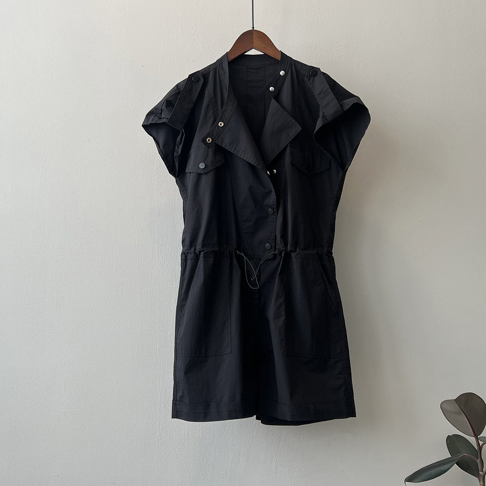 Mono cargo de cintura alta con cordón ajustable para mujer, mono camisero de verano con cuello alto y mangas voladoras