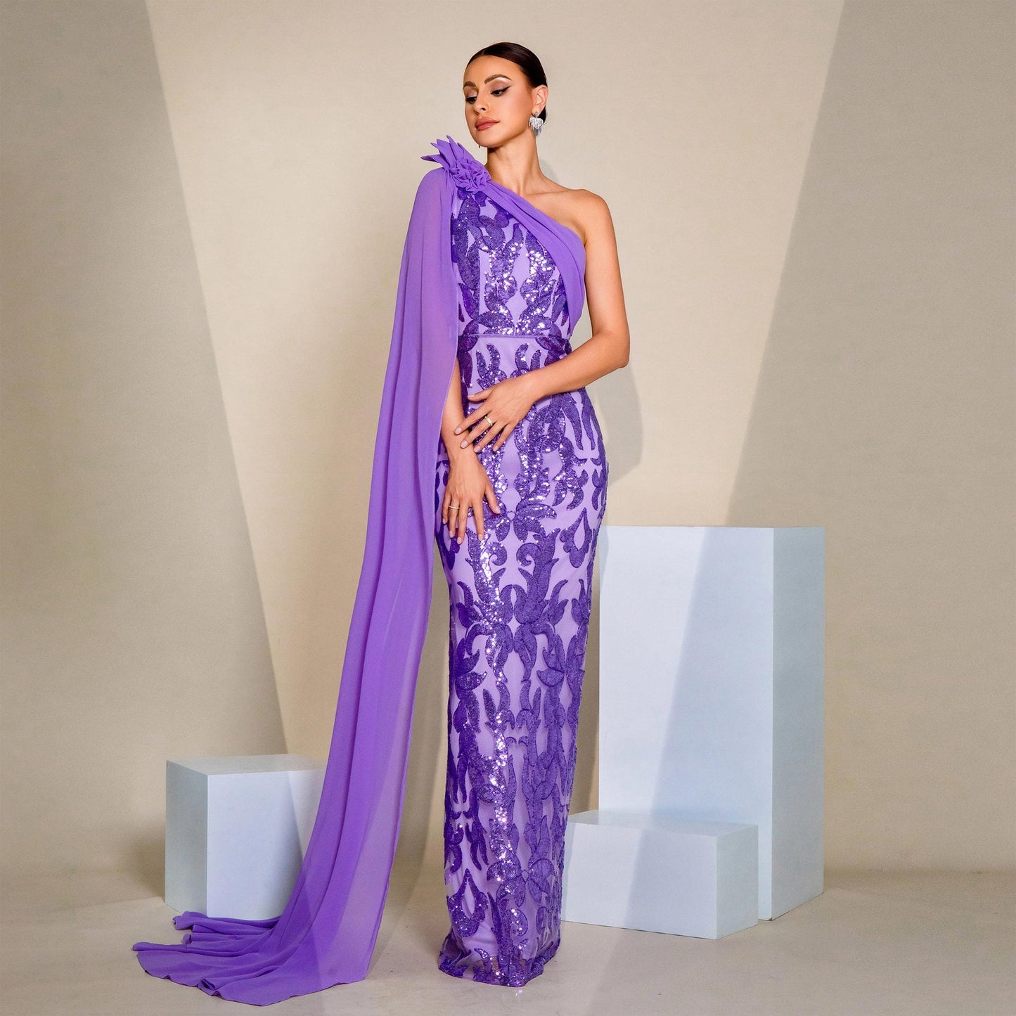 Women Clothing High Class Elegant Long Sleeve Diagonal Collar Ribbon Cocktail Sheath Sequined Evening Dress Dress