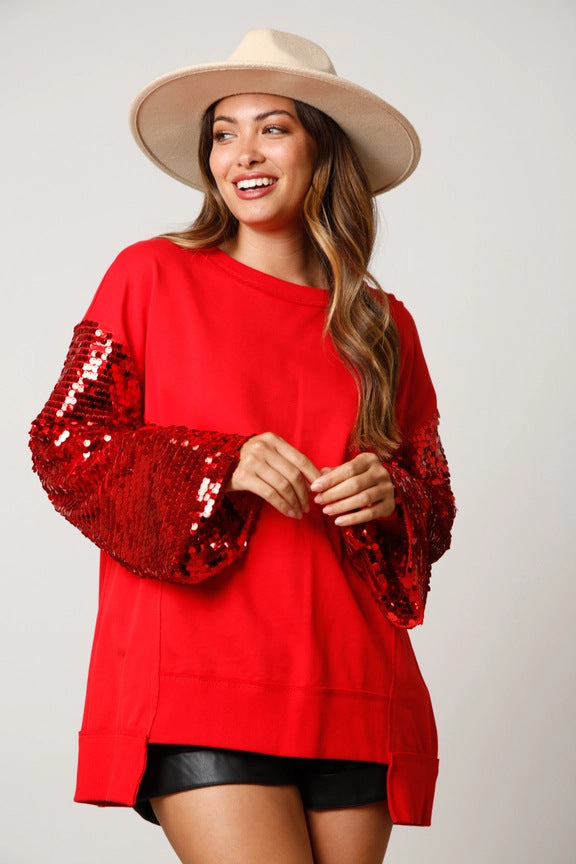 Autumn Winter Christmas Sequined Sleeve Top Stitching Long Sleeve Trendy Sweatshirt Women