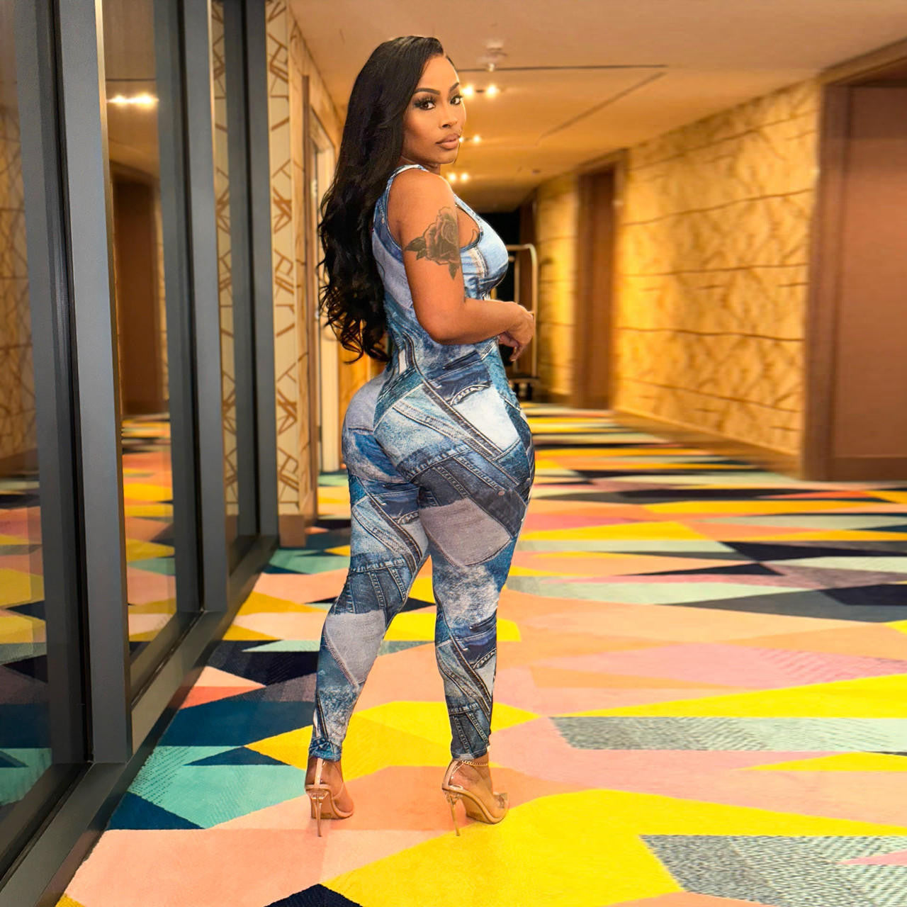 Women Clothing Summer Imitation Denim Printed Sexy Slim Fitting Suspenders Vest Jumpsuit