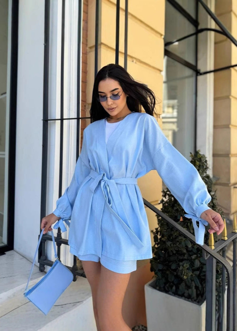 Taffy Wrap-Front Linen Set – Belted Long Sleeve Shirt & High-Waisted Shorts