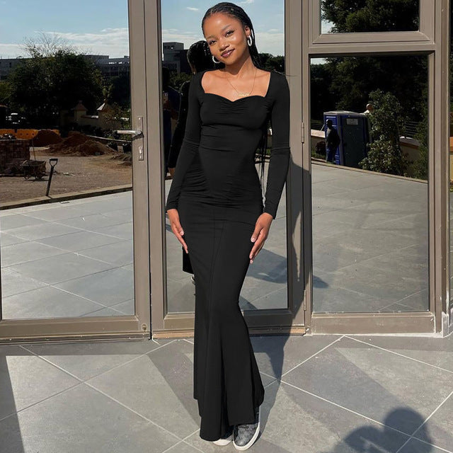 2025 Elegantes vestidos de fiesta de manga larga, sexys, de cintura alta, ajustados, para mujer, vestido de noche de moda, vestidos largos plisados de color sólido