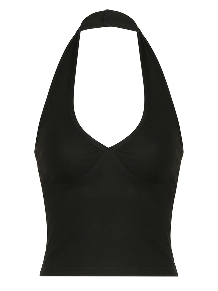 Tops halter sexys sin espalda para mujer, camiseta sin mangas ajustada con cuello en V básica lisa negra, top corto elegante, camisetas de calle de verano