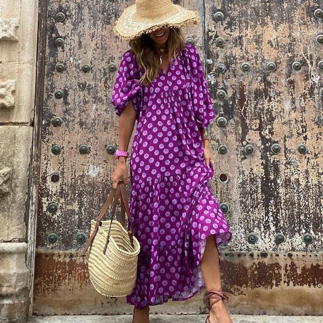 Vestido largo bohemio con mangas abullonadas para mujer, estilo vintage, elegante, informal, con estampado floral y cuello en V, holgado, para fiestas en la playa