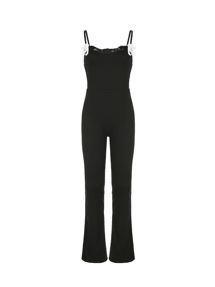 Black Solid Sleeveless Skinny Sexy Flared Jumpsuits Women Lace Trim Tie Bow Cute Sweet Y2K Slip Rompers