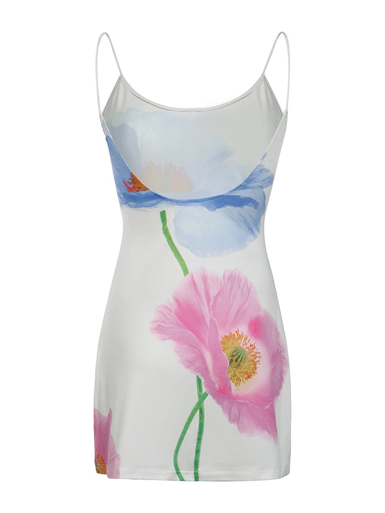 Backless Floral Print Romantic Vacation Boho Dress Women Sleeveless Sexy Summer Spaghetti Staps Short Dresses