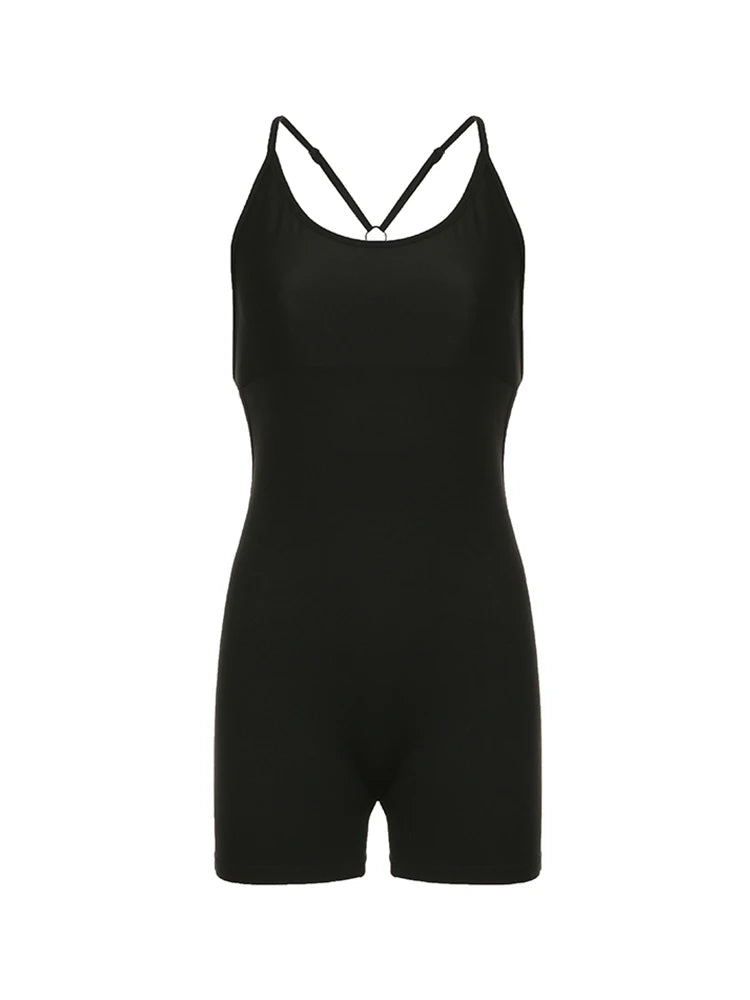 Mono negro sexy ajustado con espalda cruzada y sin espalda para mujer, mono liso para fiesta, ropa deportiva informal para vacaciones de verano